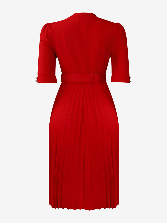 Allegra K Solid Color Pleated Button Decor Belted Dress