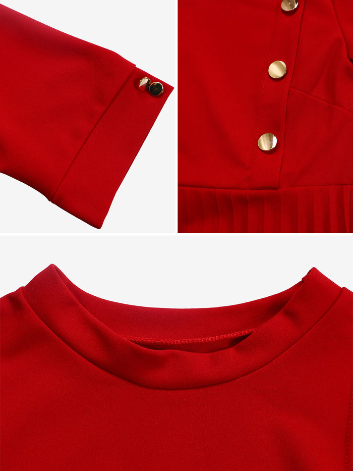 Allegra K Solid Color Pleated Button Decor Belted Dress