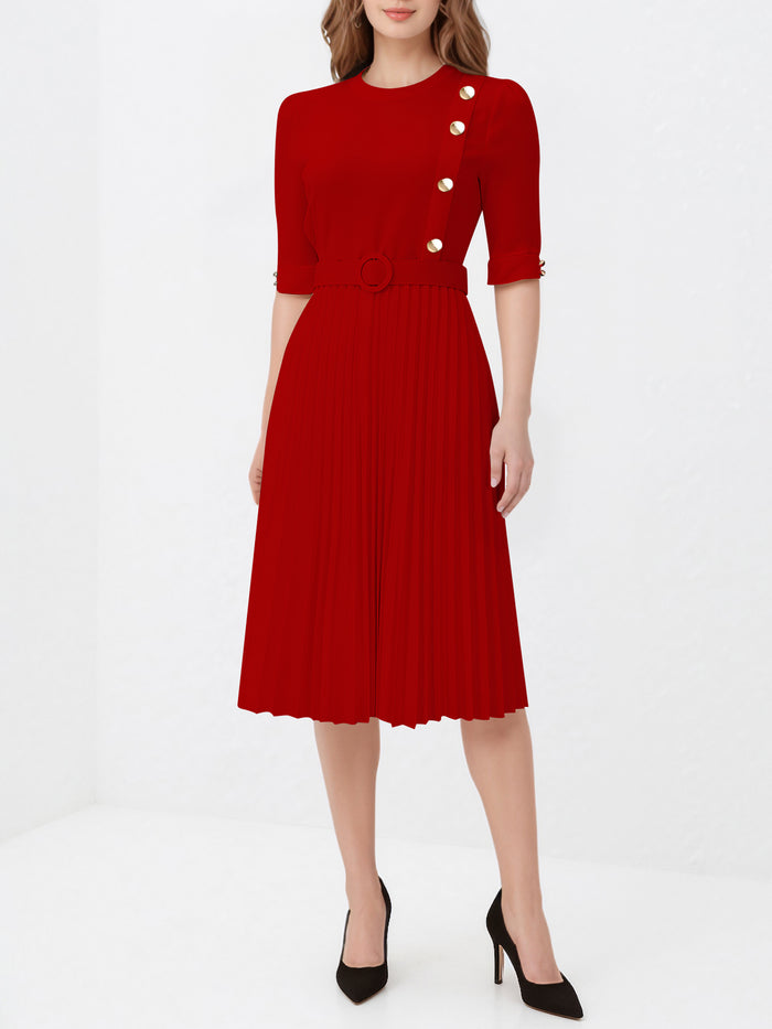 allegra k Solid Color Pleated Button Decor Belted Dress