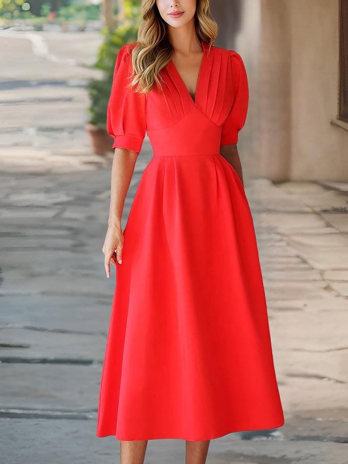 Allegra K Solid Color Pleated V Neck Puff Sleeve Midi Dress Ruched Wais A-Line Gathered Skirt And Flattering Office Style