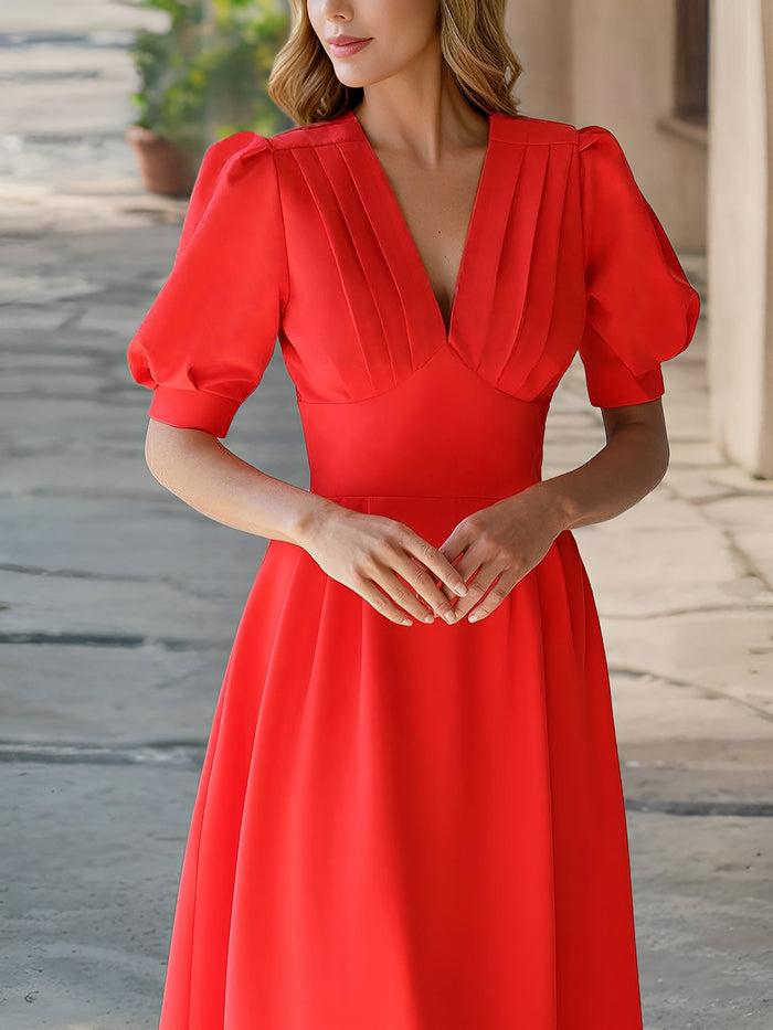 Allegra K Solid Color Pleated V Neck Puff Sleeve Midi Dress Ruched Wais A-Line Gathered Skirt And Flattering Office Style