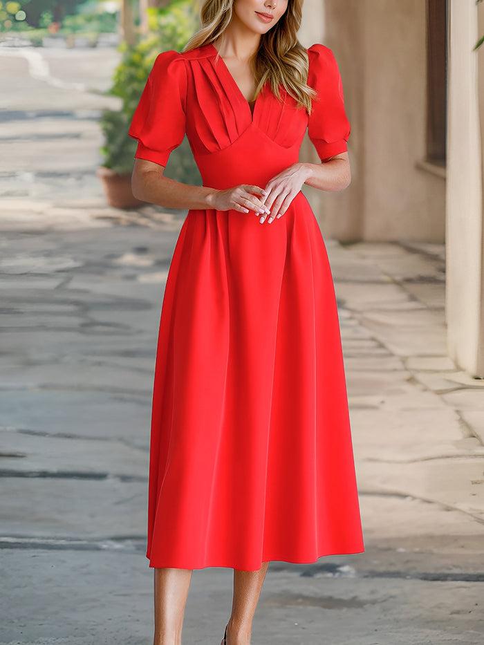 allegra k Solid Color Pleated V Neck Puff Sleeve Midi Dress Ruched Wais A-Line Gathered Skirt and Flattering Office Style