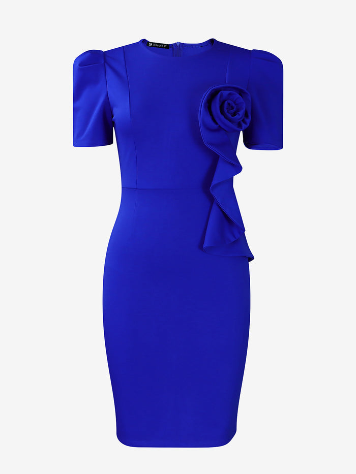 Allegra K Solid Color Puff Sleeves Midi Sheath Dress