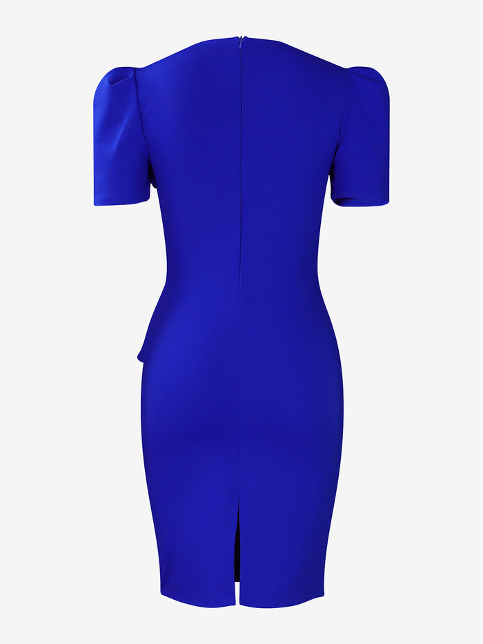 Allegra K Solid Color Puff Sleeves Midi Sheath Dress
