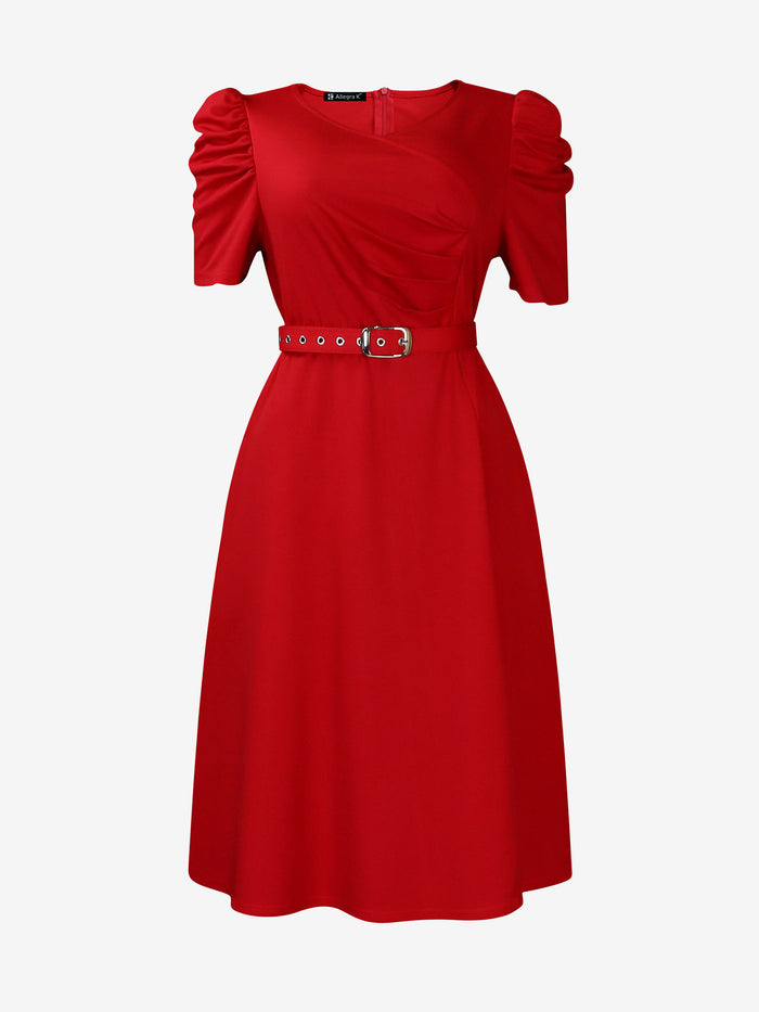 Allegra K Solid Color Puff Sleeves Ruched Belted Midi Dress