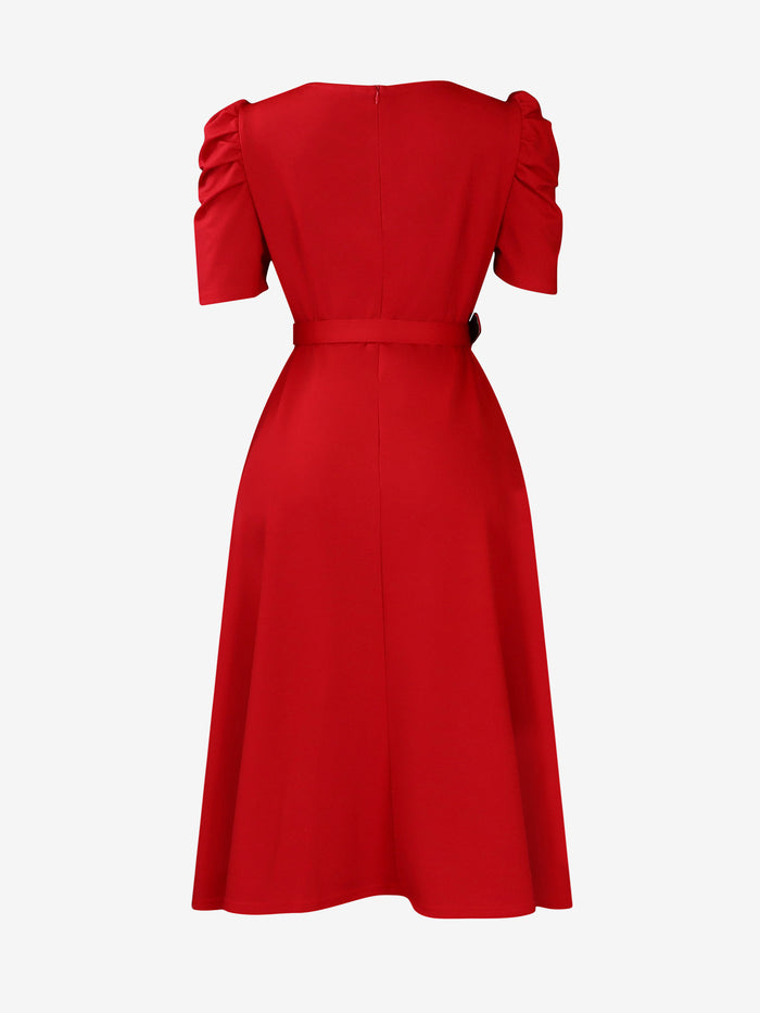 Allegra K Solid Color Puff Sleeves Ruched Belted Midi Dress
