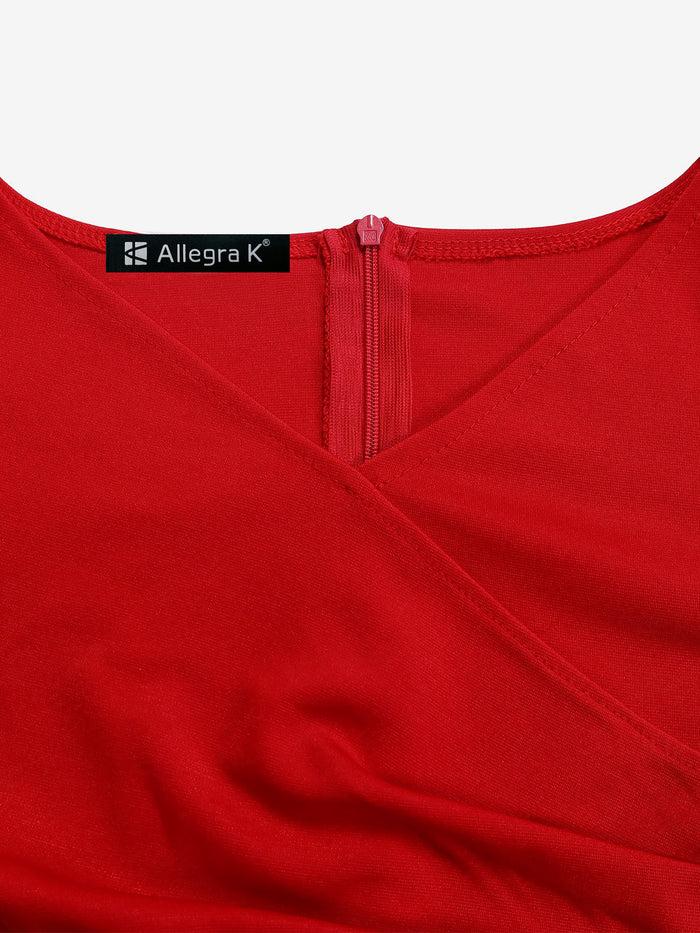 Allegra K Solid Color Puff Sleeves Ruched Belted Midi Dress