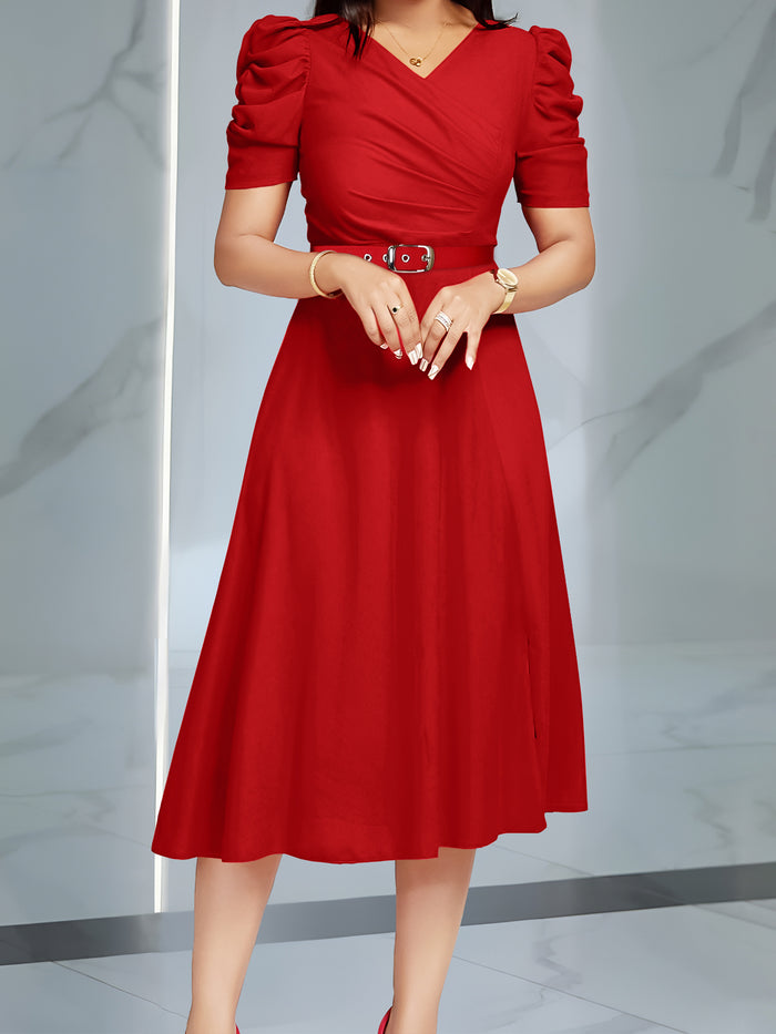 allegra k Solid Color Puff Sleeves Ruched Belted Midi Dress