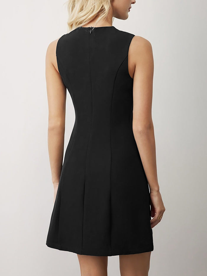 Allegra K Solid Color Round Neck Sleeveless Button Decor Dress