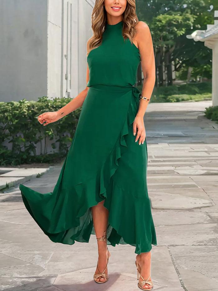Allegra K Solid Color Ruffled Irregular Hem Maxi Dress