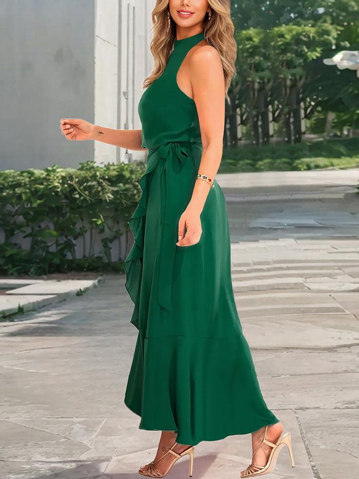 Allegra K Solid Color Ruffled Irregular Hem Maxi Dress
