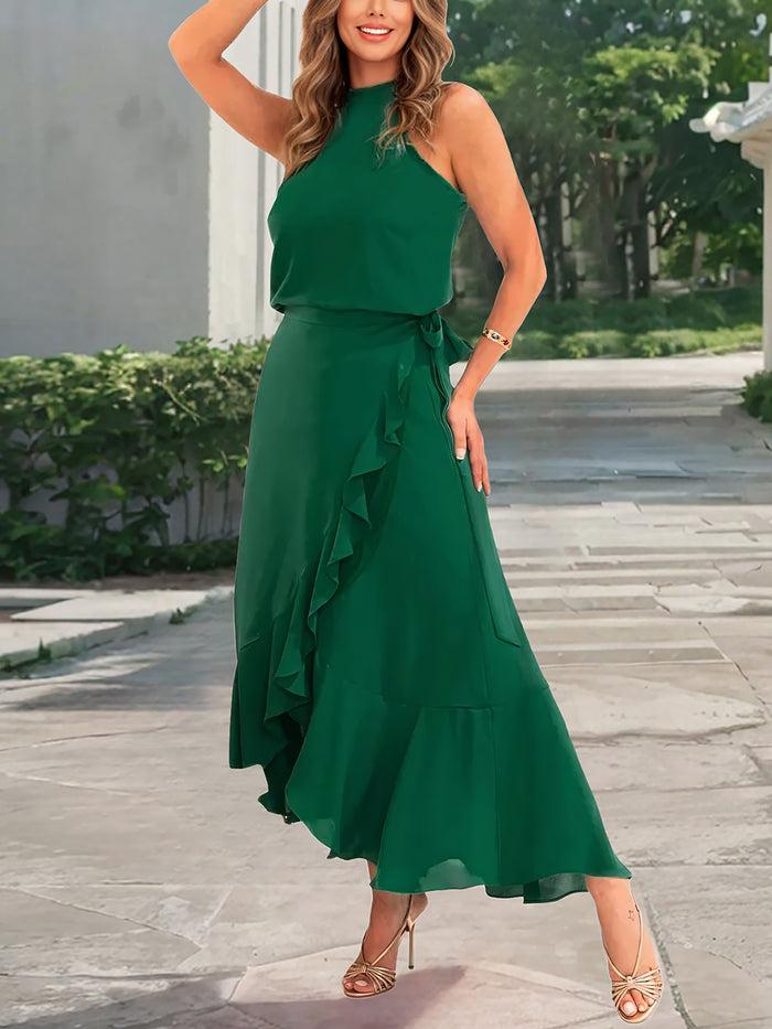 allegra k Solid Color Ruffled Irregular Hem Maxi Dress
