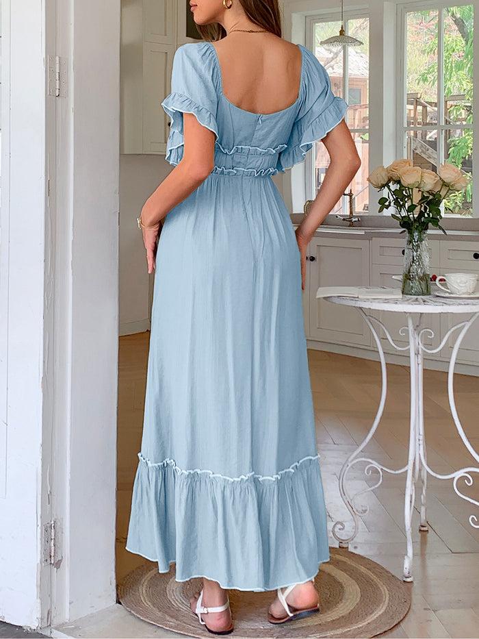 Allegra K Solid Color Ruffled Short Sleeves Ruched Maxi Dress