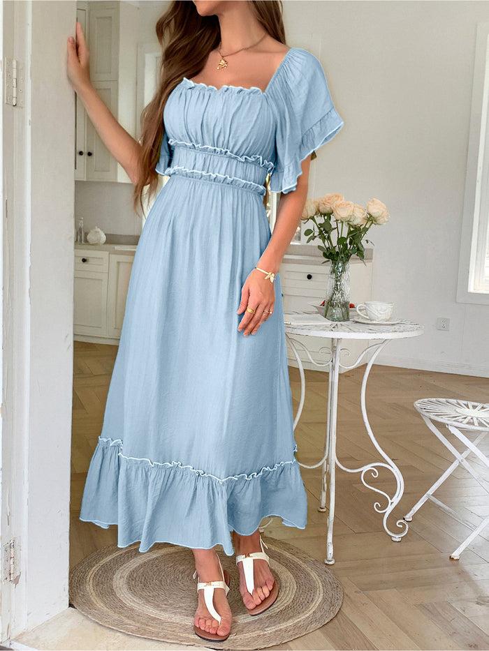 Allegra K Solid Color Ruffled Short Sleeves Ruched Maxi Dress