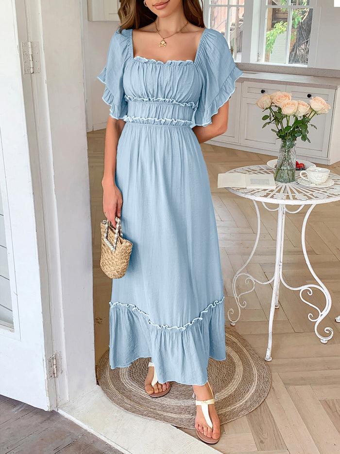 allegra k Solid Color Ruffled Short Sleeves Ruched Maxi Dress