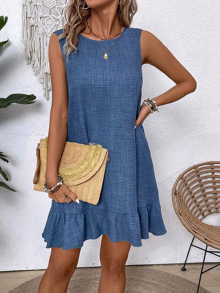 allegra k Solid Color Ruffled Sleeveless Lace-Up Casual Dress