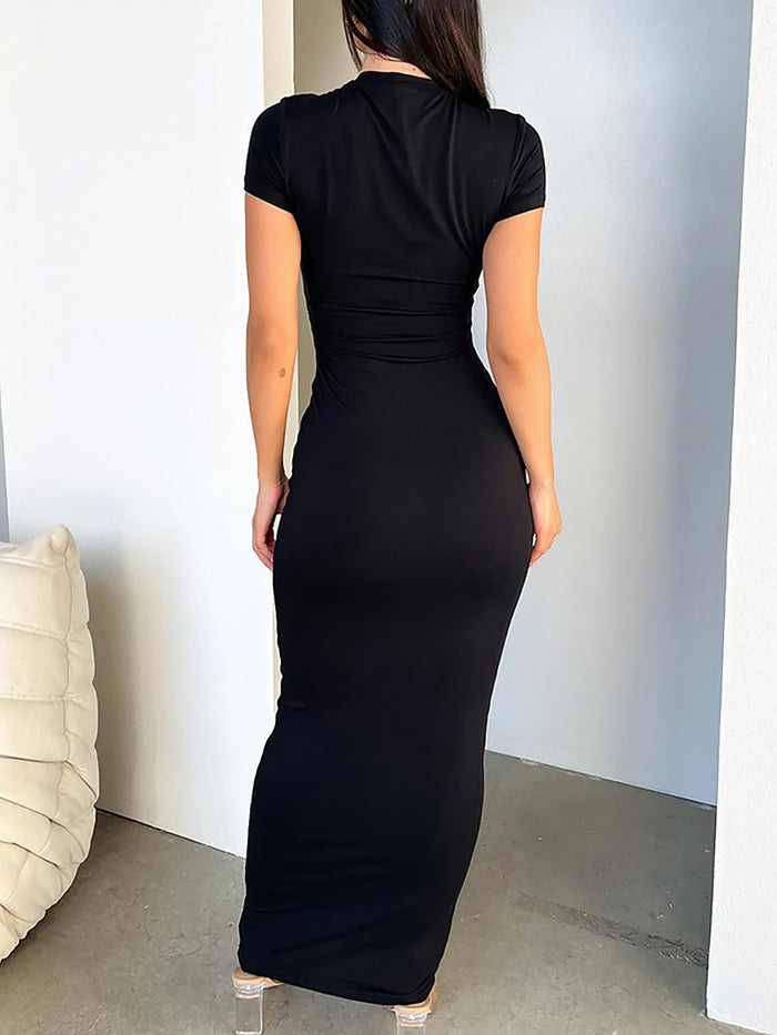 Allegra K Solid Color Short Sleeve Bodycon Maxi Dress