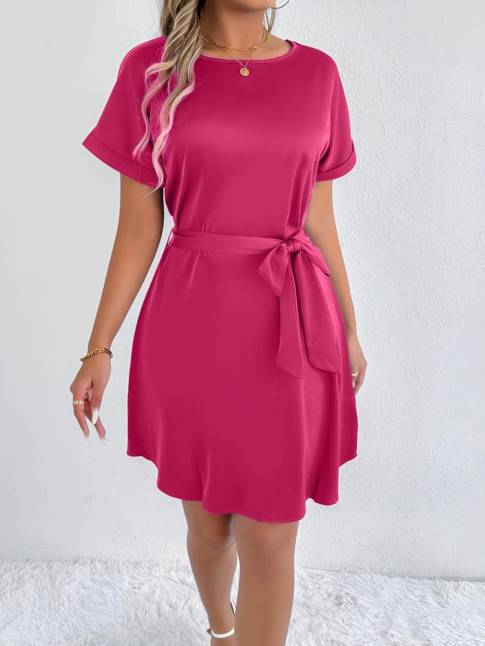 Allegra K Solid Color Short Sleeve Satin Lace-Up Knee Length Dress