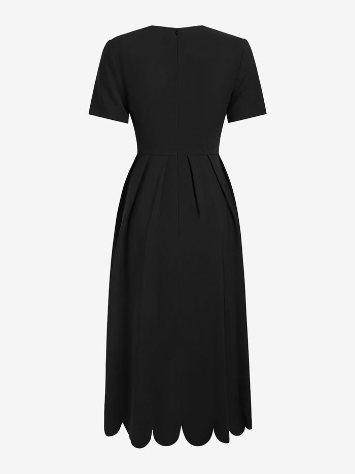 Allegra K Solid Color Short Sleeves Midi A-Line Dress