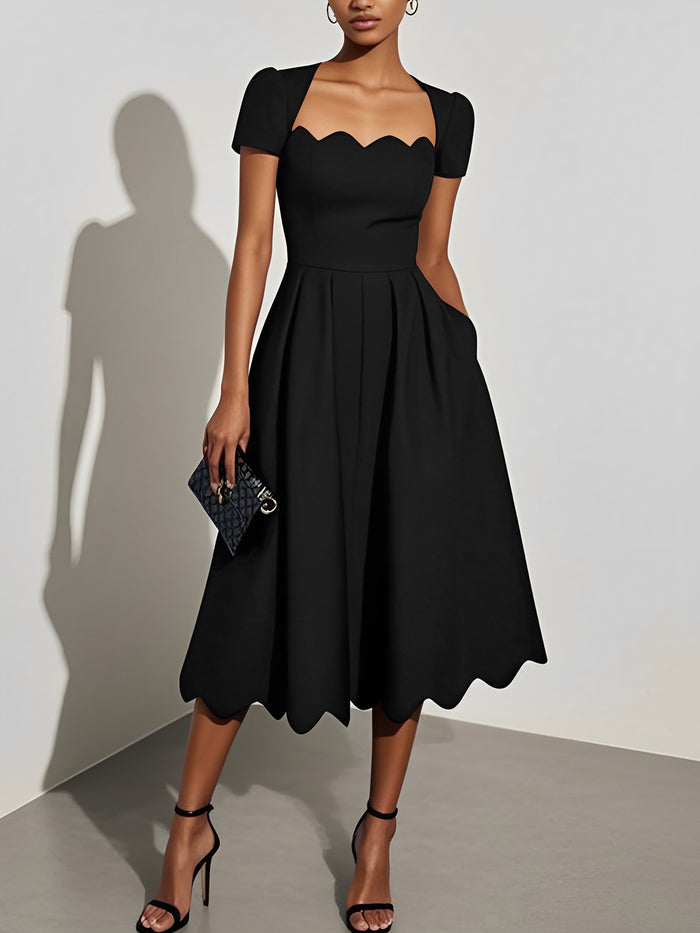 allegra k Solid Color Short Sleeves Midi A-Line Dress