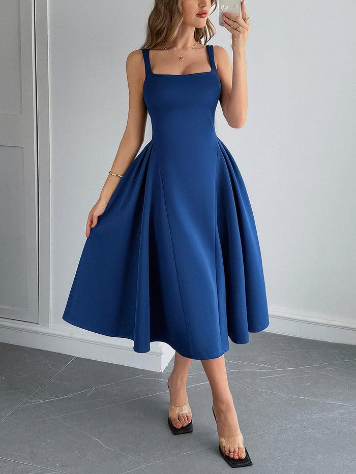 Allegra K Solid Color Sleeveless Backless A-Line Midi Dress