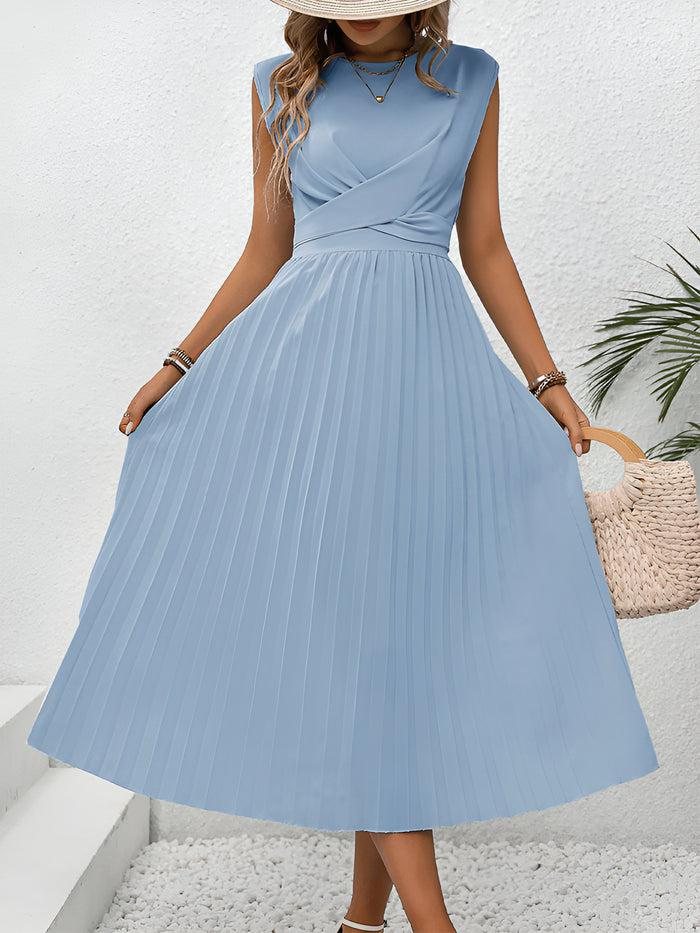 Allegra K Solid Color Sleeveless Lace-Up Pleated Midi Dress