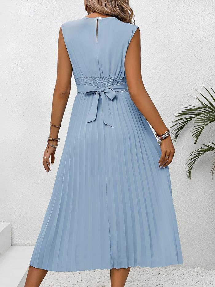 Allegra K Solid Color Sleeveless Lace-Up Pleated Midi Dress