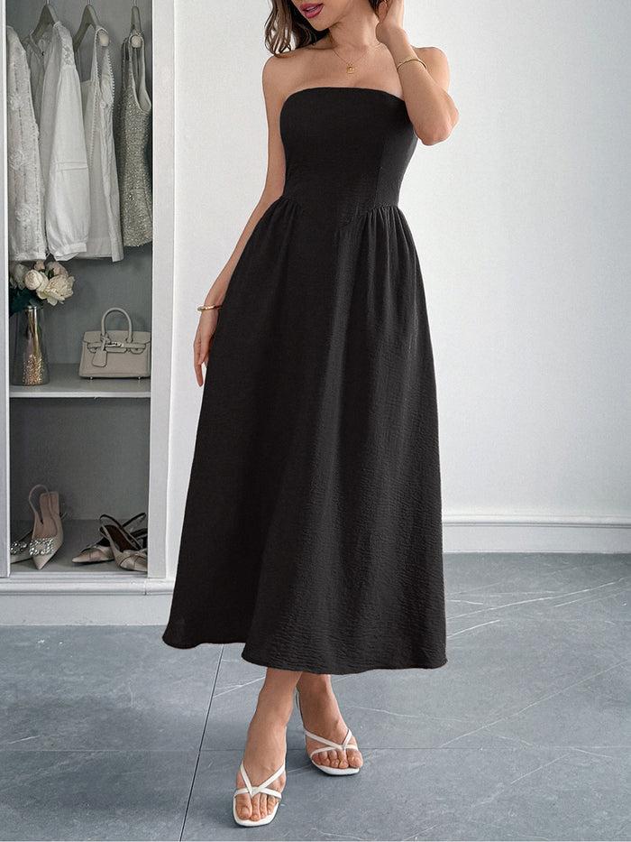 Allegra K Solid Color Strapless Pocketed Midi Dress