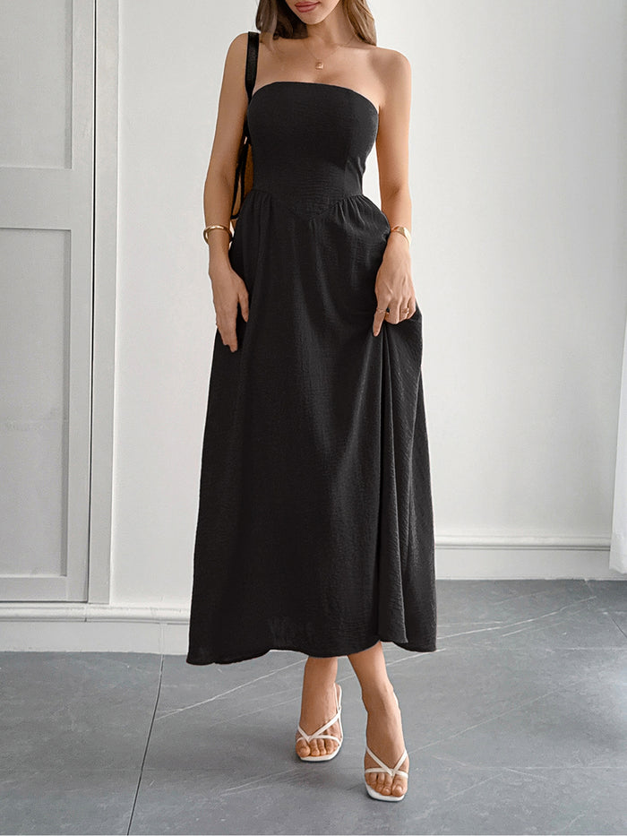 Allegra K Solid Color Strapless Pocketed Midi Dress