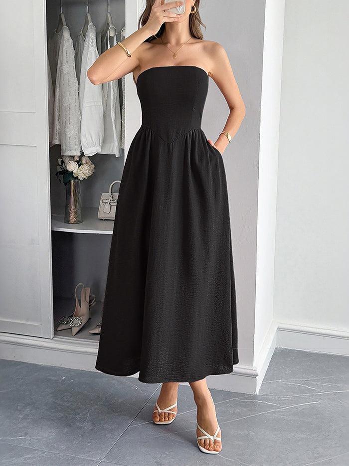 allegra k Solid Color Strapless Pocketed Midi Dress
