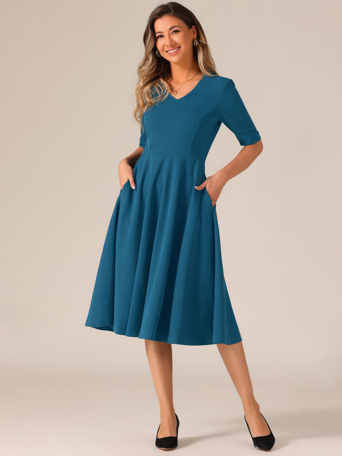 allegra k Solid Color V Neck Half Sleeve Pocketed Swing Midi Dress