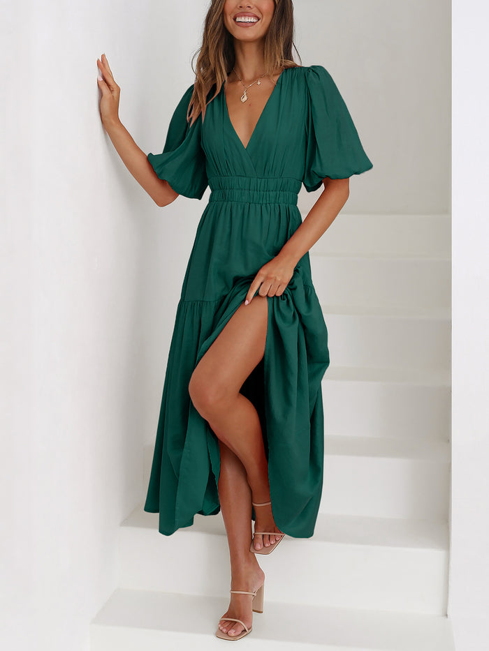 Allegra K Solid Color V Neck Lantern Sleeve Tiered Maxi Dress