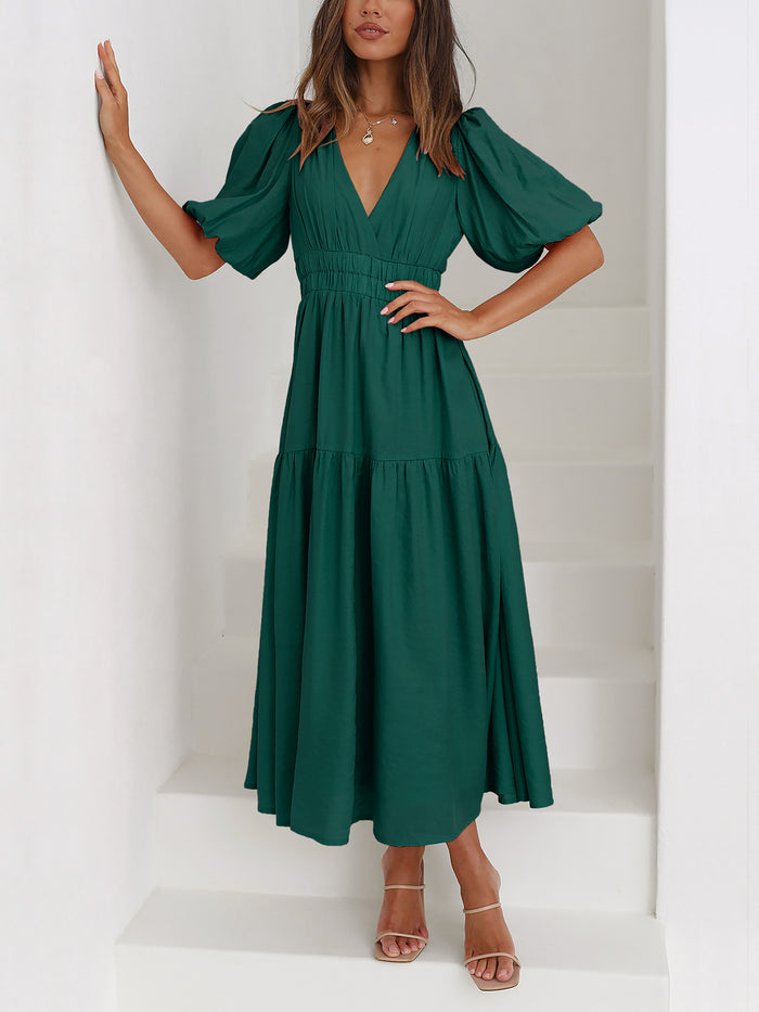 Allegra K Solid Color V Neck Lantern Sleeve Tiered Maxi Dress
