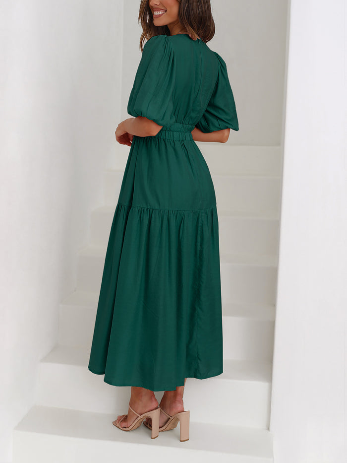 Allegra K Solid Color V Neck Lantern Sleeve Tiered Maxi Dress