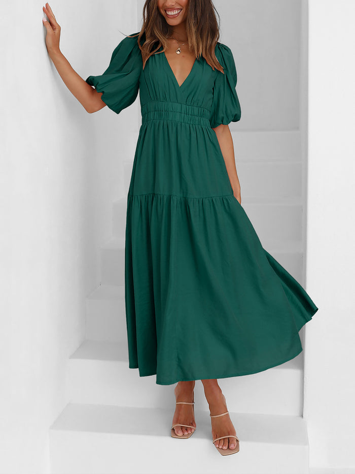 allegra k Solid Color V Neck Lantern Sleeve Tiered Maxi Dress