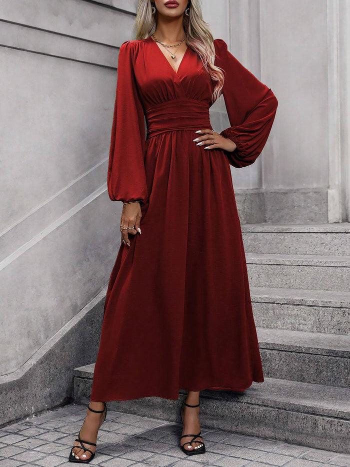 allegra k Solid Color V Neck Lantern Sleeves Slit Midi Dress