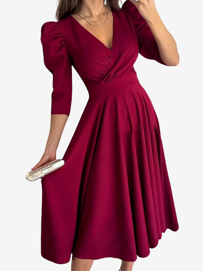 allegra k Solid Color V-Neck Puff Sleeve A-Line Midi Dress