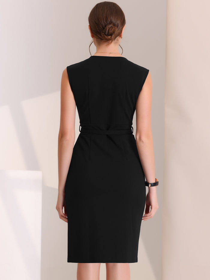 Allegra K Solid Color V Neck Sleeveless Belted Business Office Midi Sheath Dress