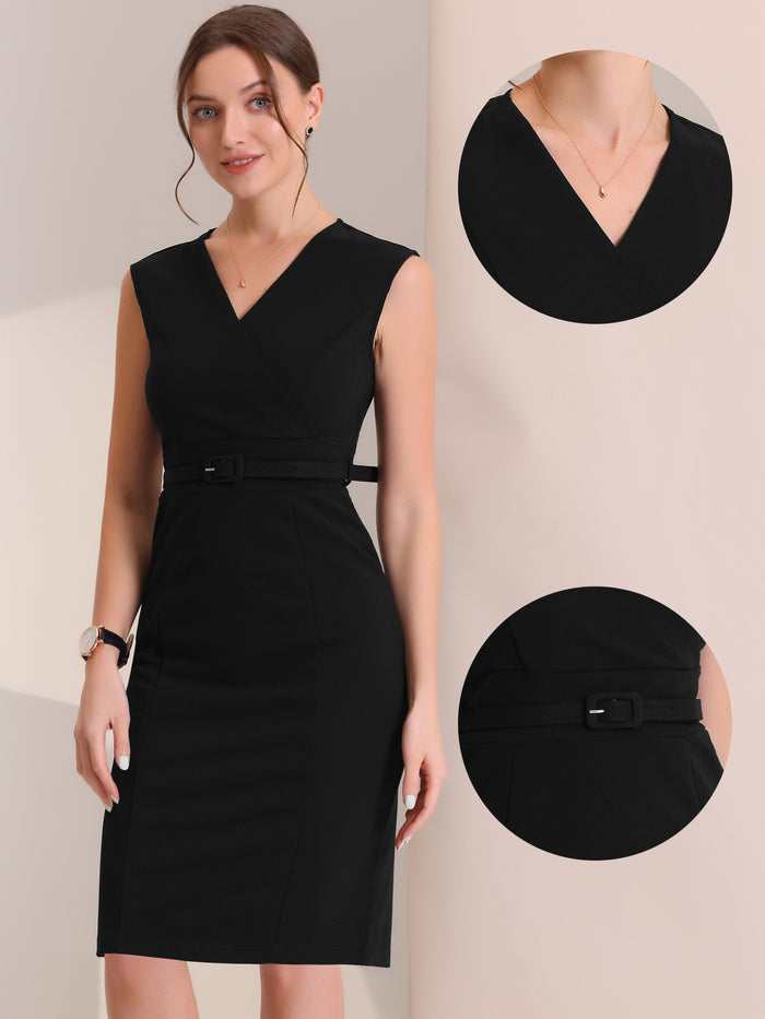 Allegra K Solid Color V Neck Sleeveless Belted Business Office Midi Sheath Dress