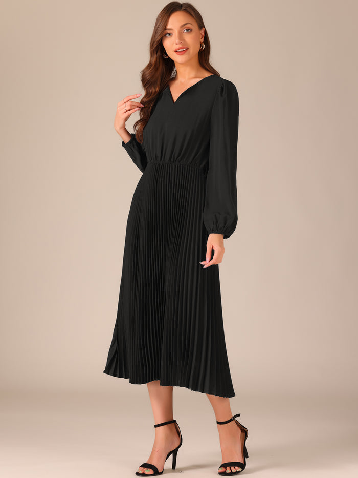 Allegra K Solid V-Neck Long Sleeve Belted Pleated Midi Dress