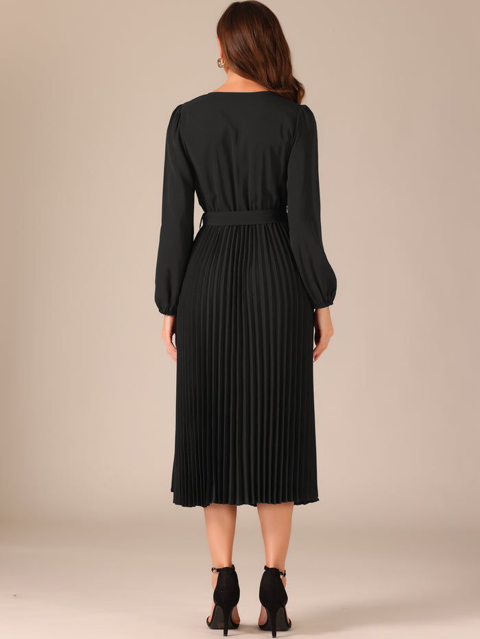 Allegra K Solid V-Neck Long Sleeve Belted Pleated Midi Dress
