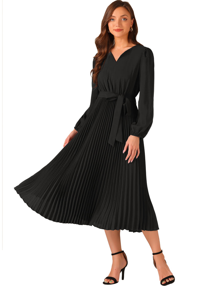 Allegra K Solid V-Neck Long Sleeve Belted Pleated Midi Dress