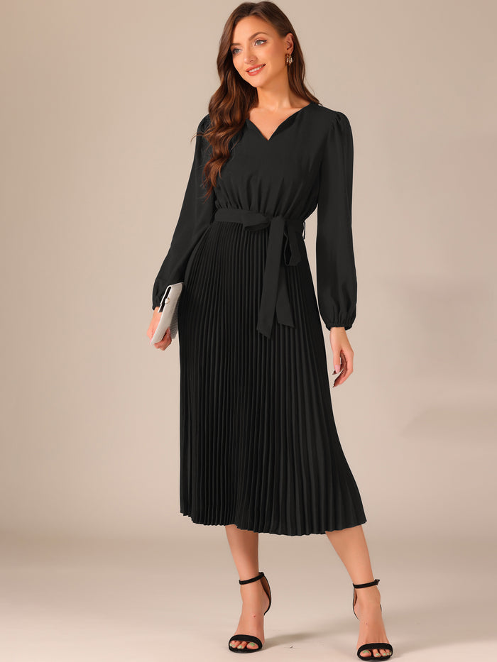 allegra k Solid V-Neck Long Sleeve Belted Pleated Midi Dress
