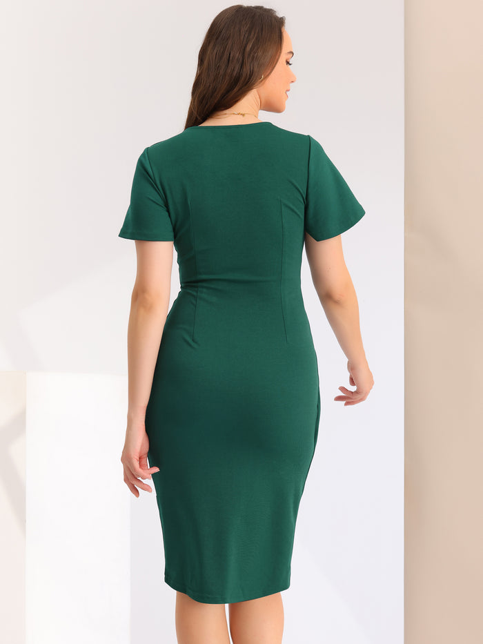 Allegra K Solid Wrap Work Short Sleeve Bodycon Midi Dress