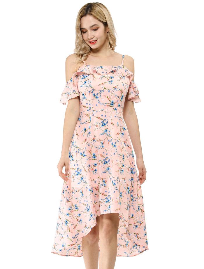 Allegra K Spaghetti Strap Asymmetrical High Low Floral A-Line Midi Dress