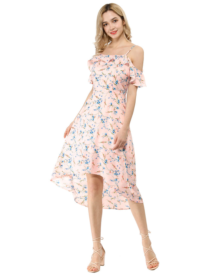 Allegra K Spaghetti Strap Asymmetrical High Low Floral A-Line Midi Dress