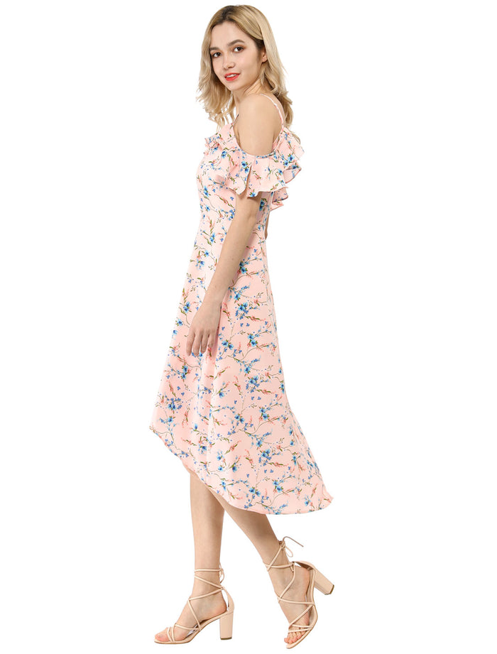 Allegra K Spaghetti Strap Asymmetrical High Low Floral A-Line Midi Dress