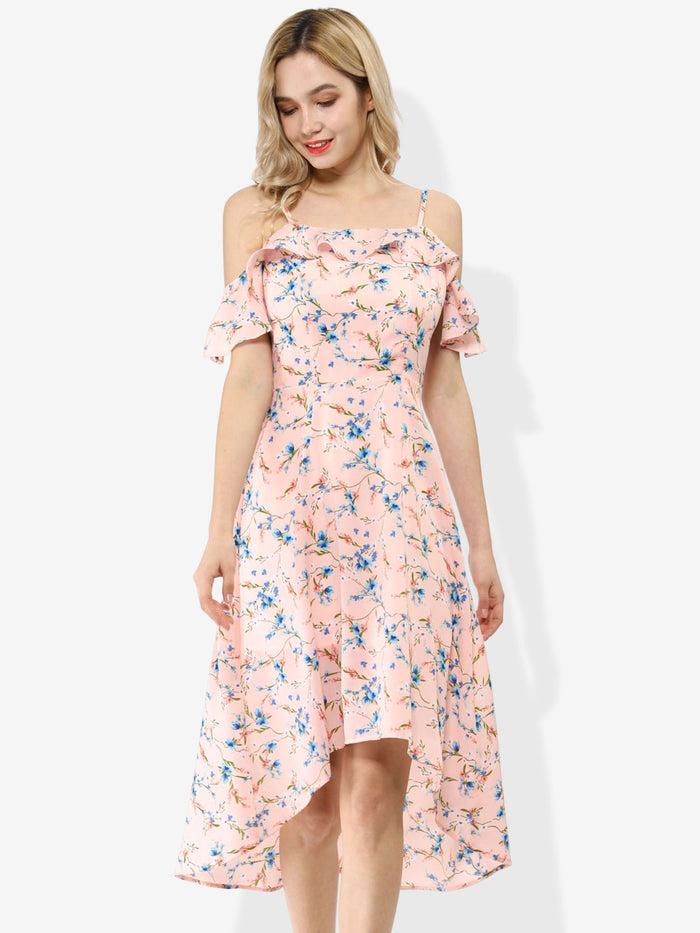 allegra k Spaghetti Strap Asymmetrical High Low Floral A-Line Midi Dress