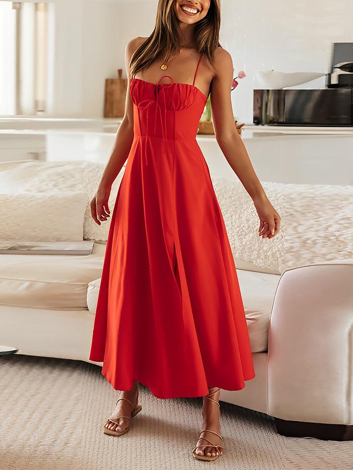 Allegra K Spaghetti Strap Backless Lace-Up Slit Midi Dress