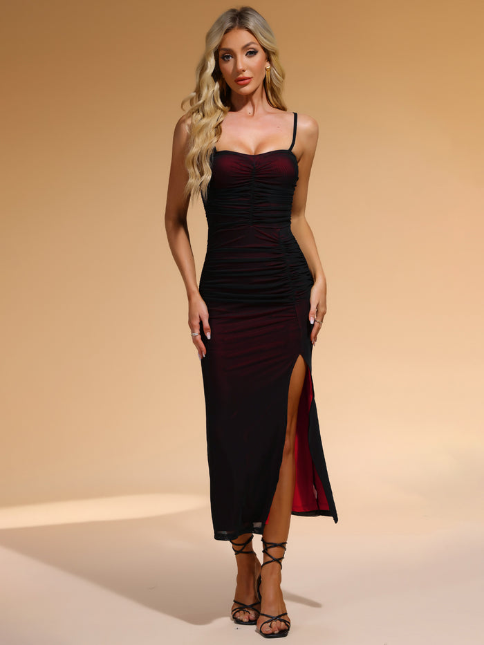 Allegra K Spaghetti Strap Bodycon Ruched Mesh Slit Maxi Dress